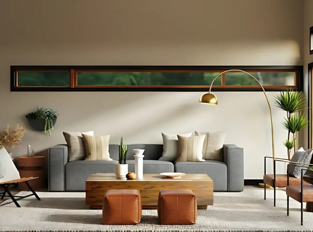 Modern living room furniture showcasing a perfect blend of aesthetics and functionality, featuring a sleek sofa and a stylish coffee table.