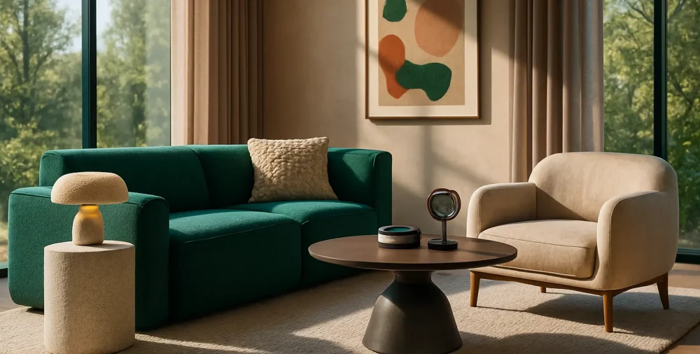 A modern living room with large floor-to-ceiling windows, featuring an emerald green upholstered sofa made from recycled fabric, a beige plant-based leather armchair, and a minimalist coffee table.