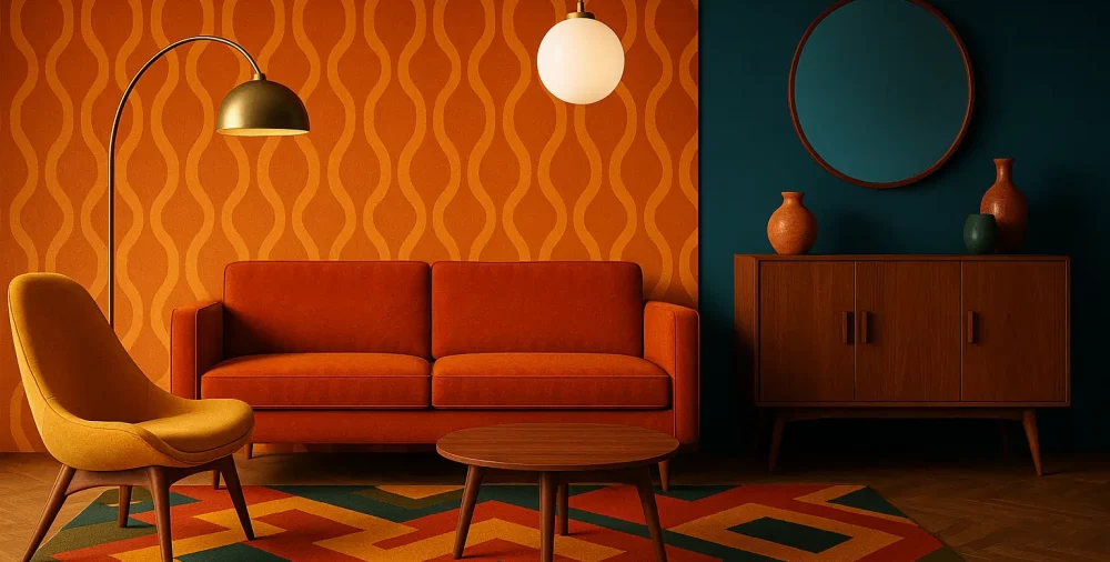 3D-rendered vintage living room with bold orange and teal color palette, mid-century modern furniture, geometric rug, and retro lighting against patterned wallpaper.