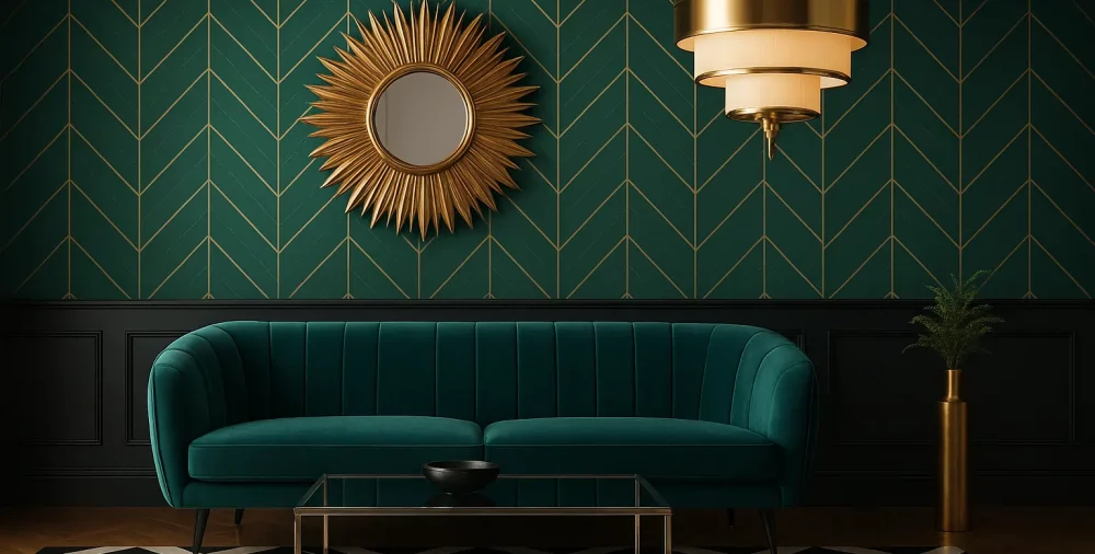 3D-rendered Art Deco living room with emerald green velvet sofa, gold sunburst mirror, geometric wallpaper, brass chandelier, and black-and-white chevron flooring.