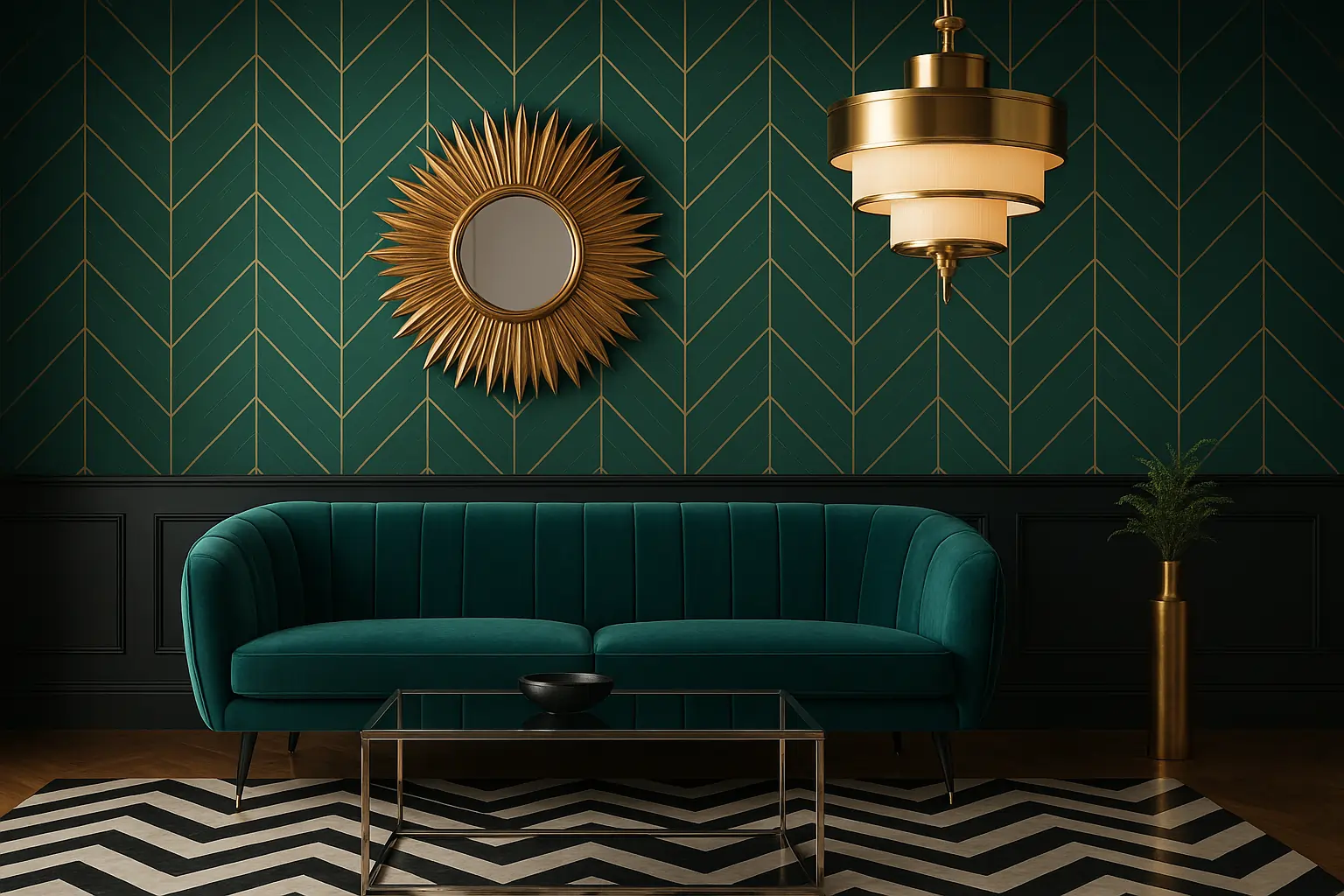 3D-rendered Art Deco living room with emerald green velvet sofa, gold sunburst mirror, geometric wallpaper, brass chandelier, and black-and-white chevron flooring.