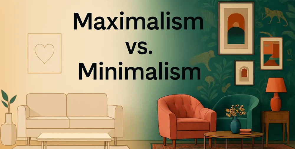 Illustration comparing minimalist and maximalist interior design styles with a gradient background