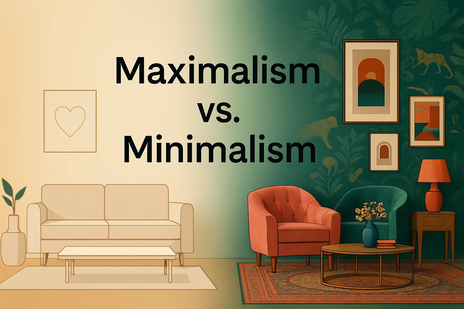 Illustration comparing minimalist and maximalist interior design styles with a gradient background