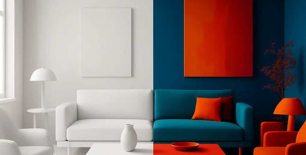 A symmetrical side-by-side comparison of a minimalist living room, with the left half rendered in all-white monochrome tones and the right half drenched in vibrant colors like deep teal, orange, and red.