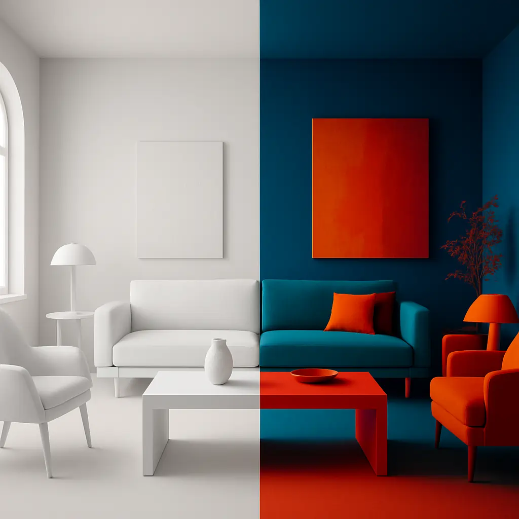A symmetrical side-by-side comparison of a minimalist living room, with the left half rendered in all-white monochrome tones and the right half drenched in vibrant colors like deep teal, orange, and red.