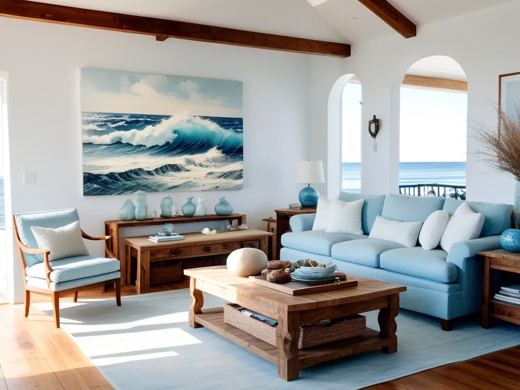 ocean based living room, rustic design. light blue sofa. textured, wooden table.