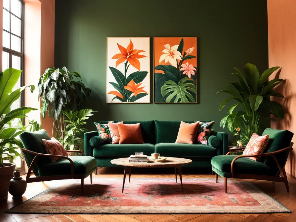 rustic urban jungle living room. warm palette walls. dark green cozy sofa.