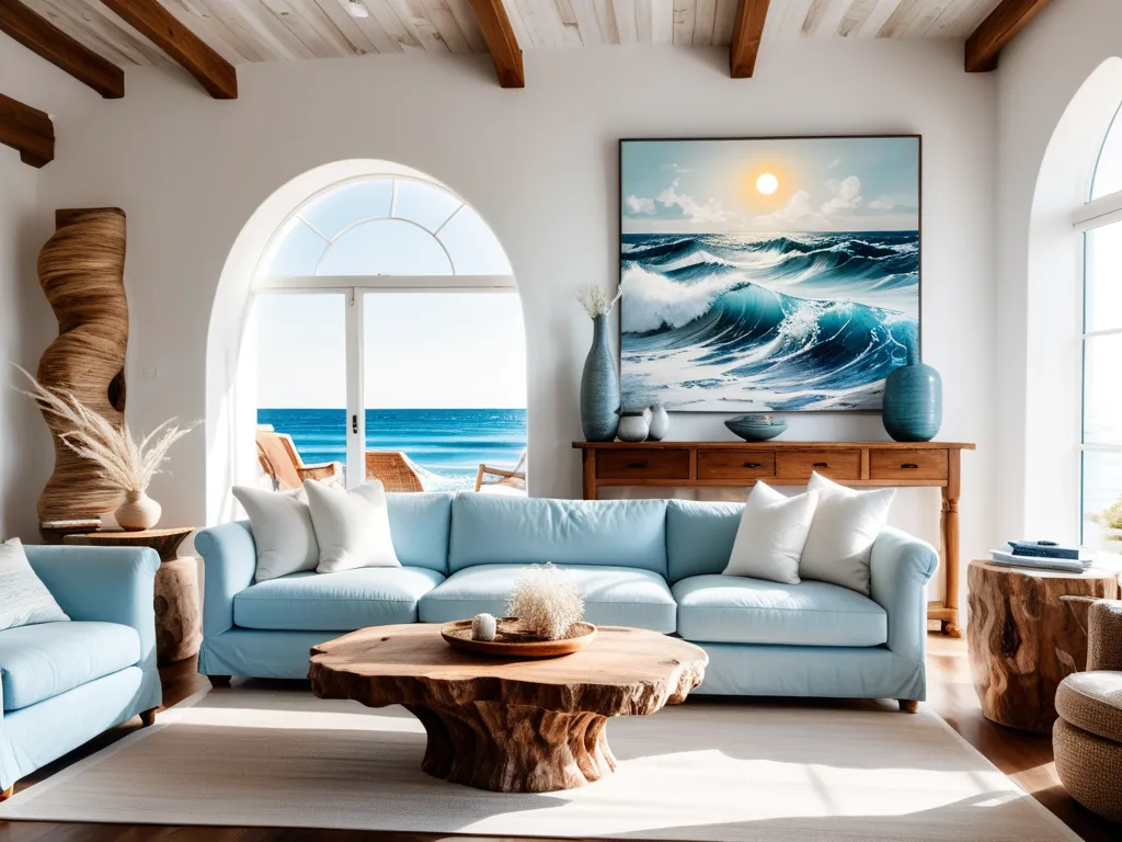 Coastal living room, ocean view. Light blue sofas, natural wood accents.