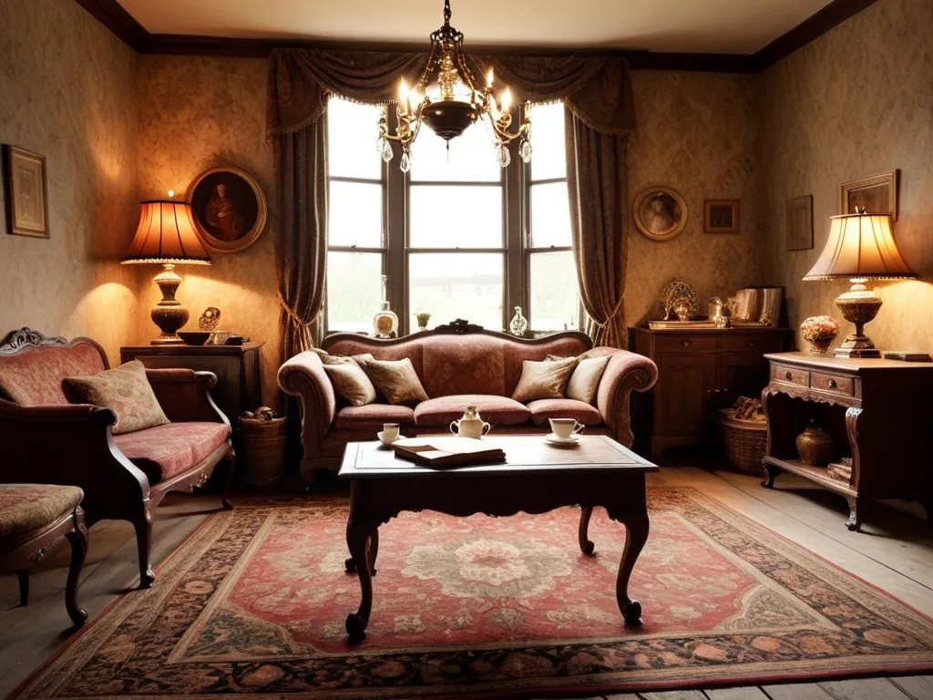 Old English style living room, sofa. Vintage decor, lamp. Old wood, warm. tea table, carpet.