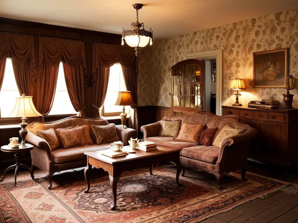 Vintage living room, traditional decor. Rich wood furniture, patterned wallpaper.