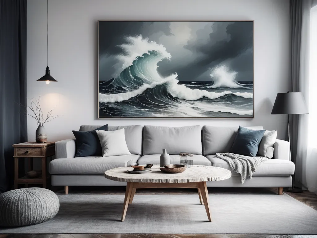 dark themed modern living room, rustic design. light grey sofa.