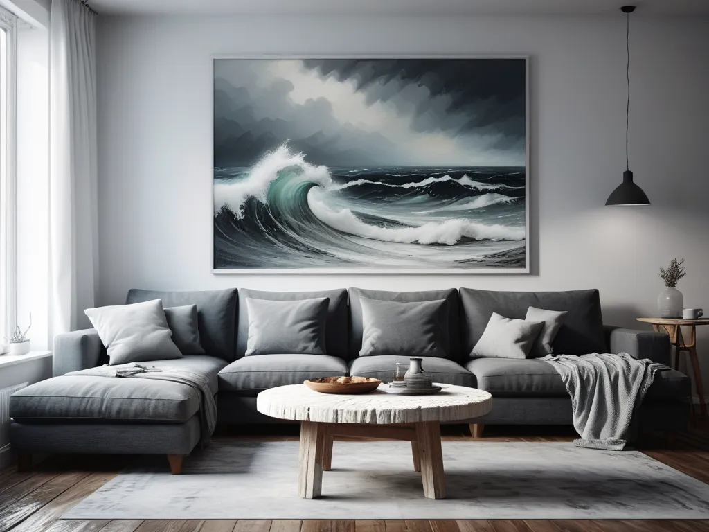 Modern living room, coastal theme. Gray sectional sofa, wave painting.