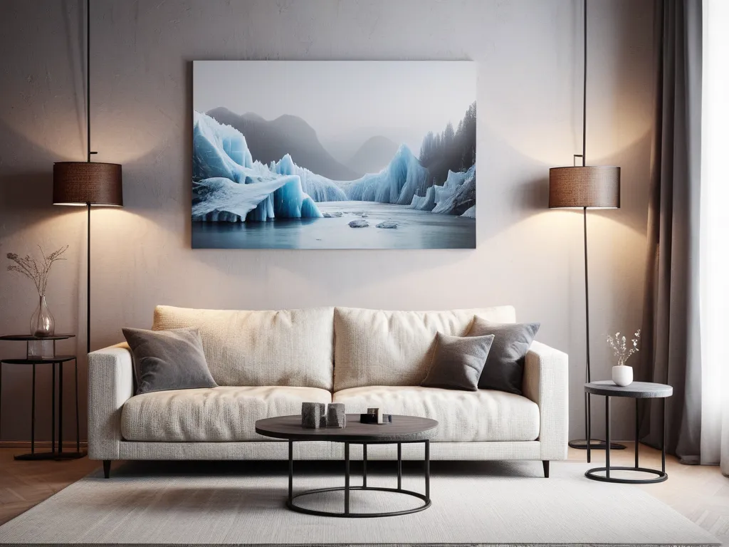 modern contemporary icy living room, cozy textured sofa with textured layers