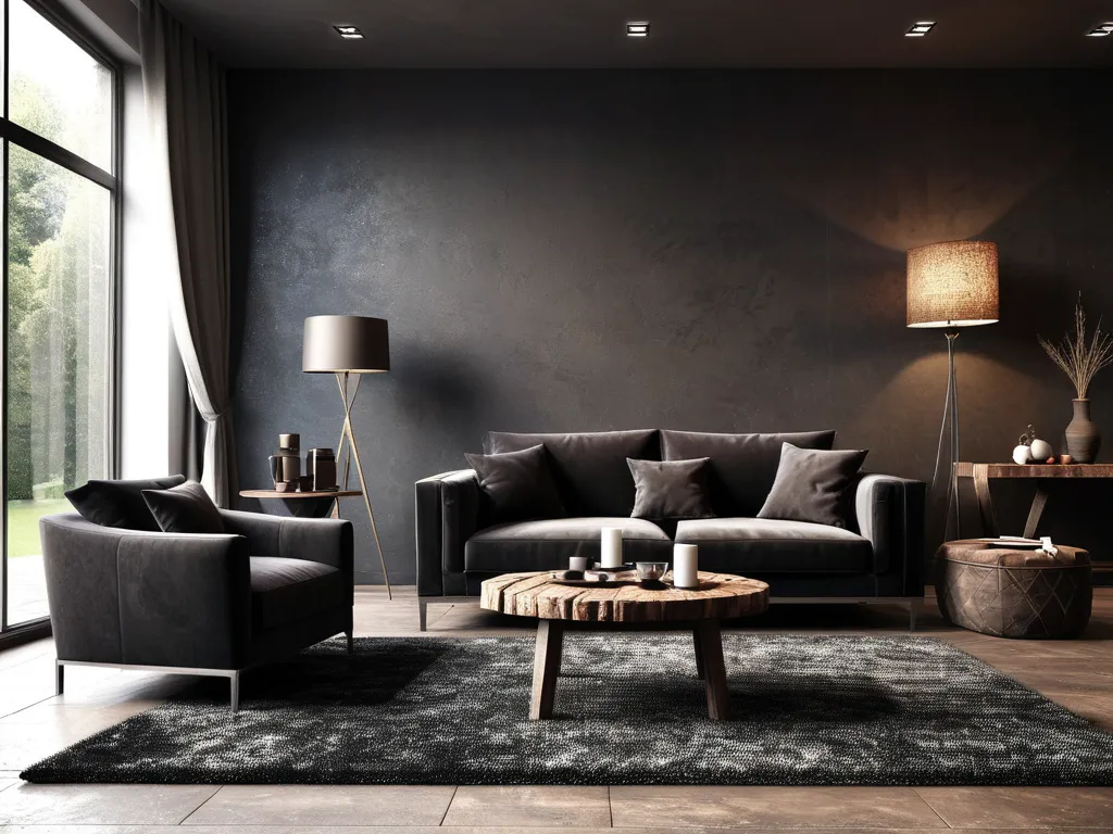 Modern living room, dark tones. Black sofa and armchair, textured walls.