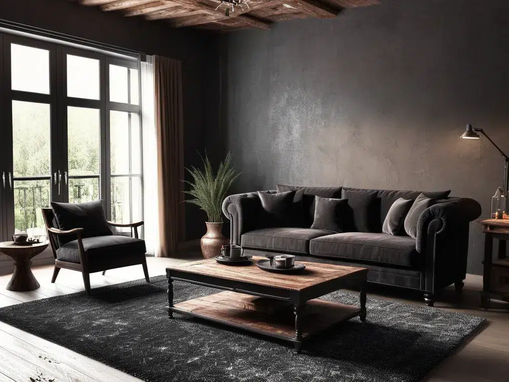 Modern Living room, comfortable. Dark luxurious sofa, armchair, carpet. rustic, coffee table