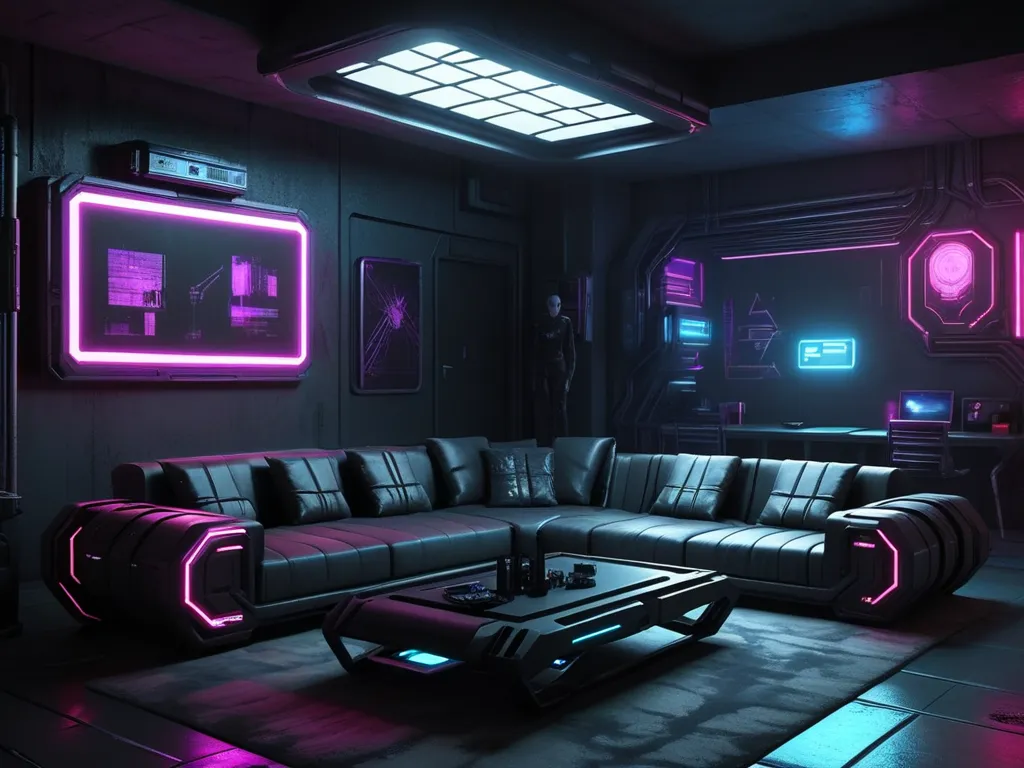 Futuristic sci-fi living room, neon lighting. Black sectional sofa, LED accents.