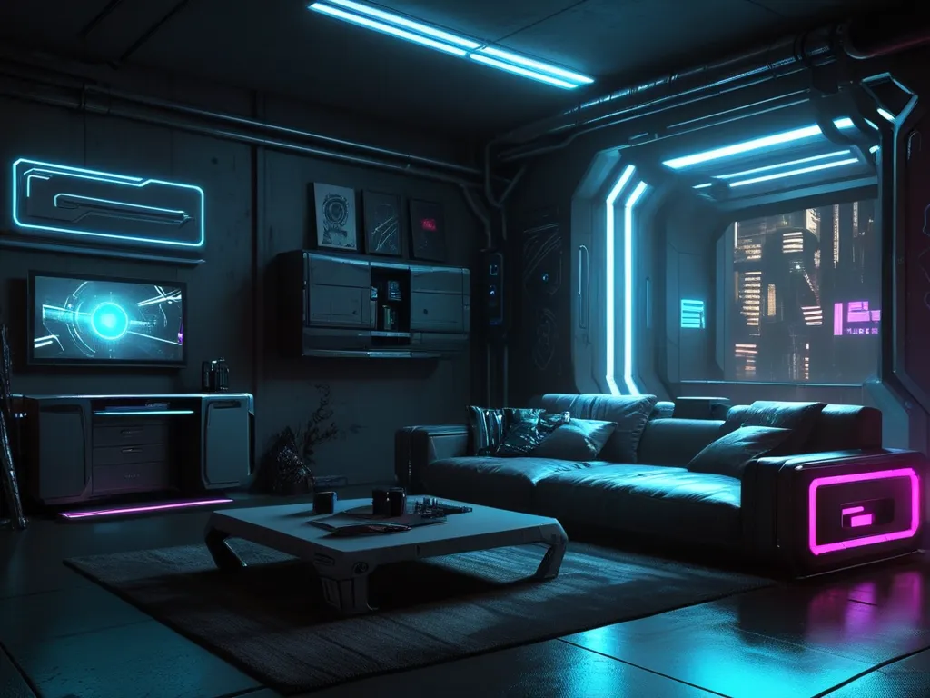 Cyberpunk style living room, sofa. Table, futuristic, light. Dark