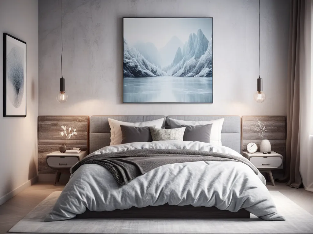 modern contemporary icy bedroom, cozy textured bed with textured layers