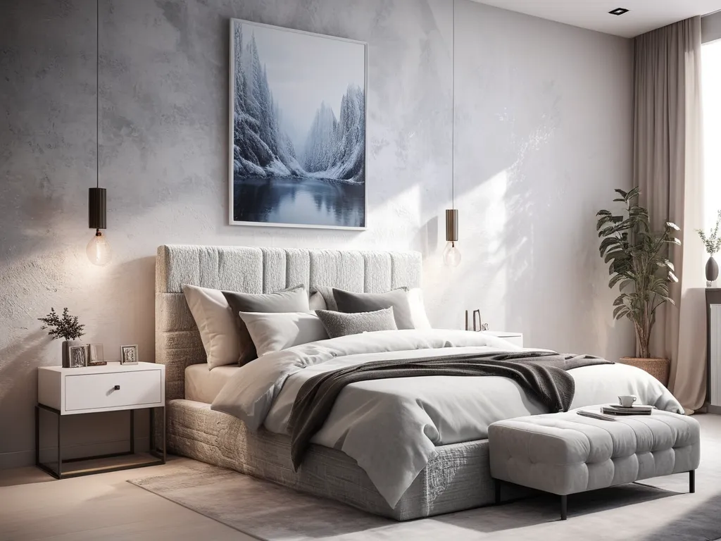 Modern minimalist bedroom, soft neutral tones. Upholstered bed, cozy bedding.