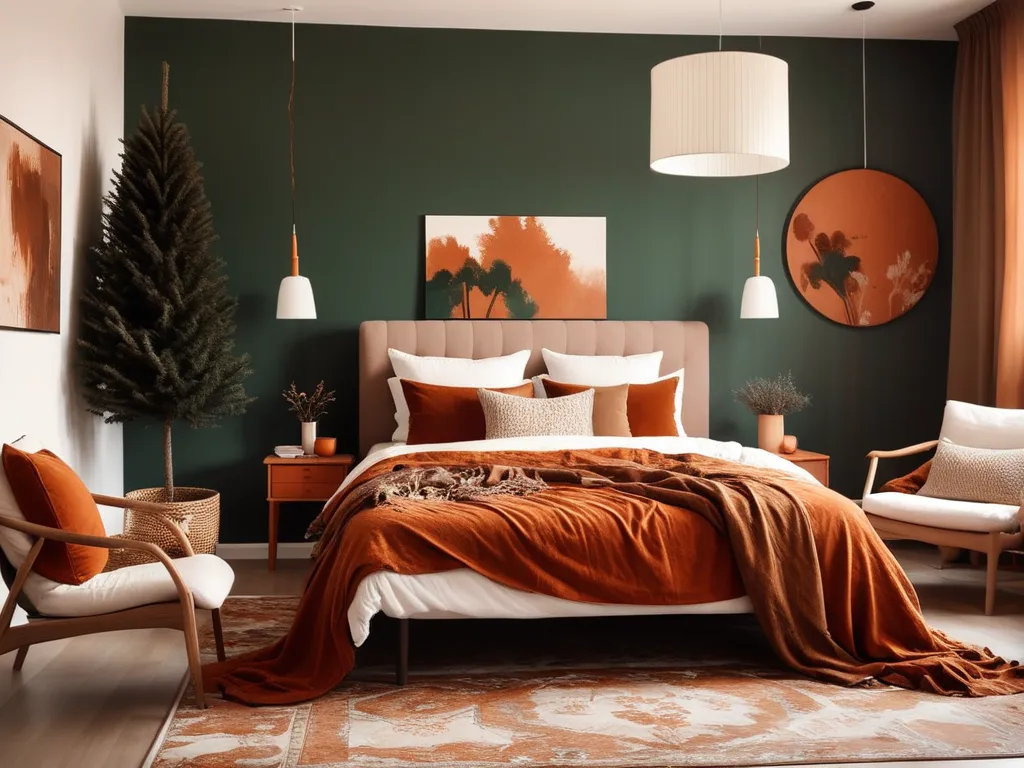 Modern bedroom, earthy tones. Green accent wall, rust-colored bedding.
