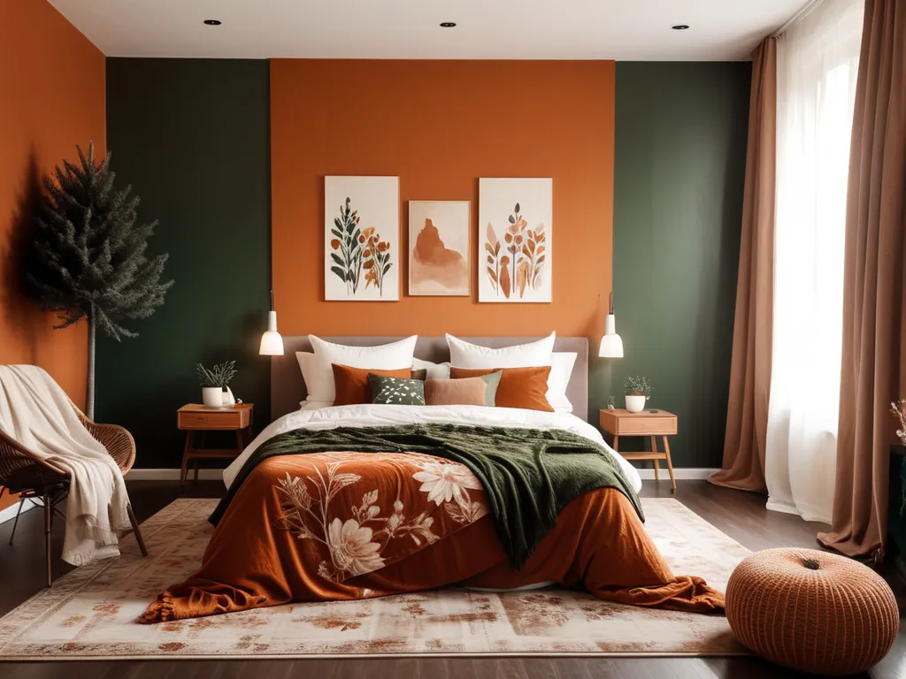 modern bedroom.. comfortable floral white bed with orangish brown blankets