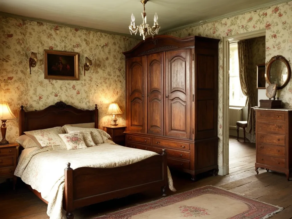Vintage bedroom, floral wallpaper. Dark wood furniture, classic bed.