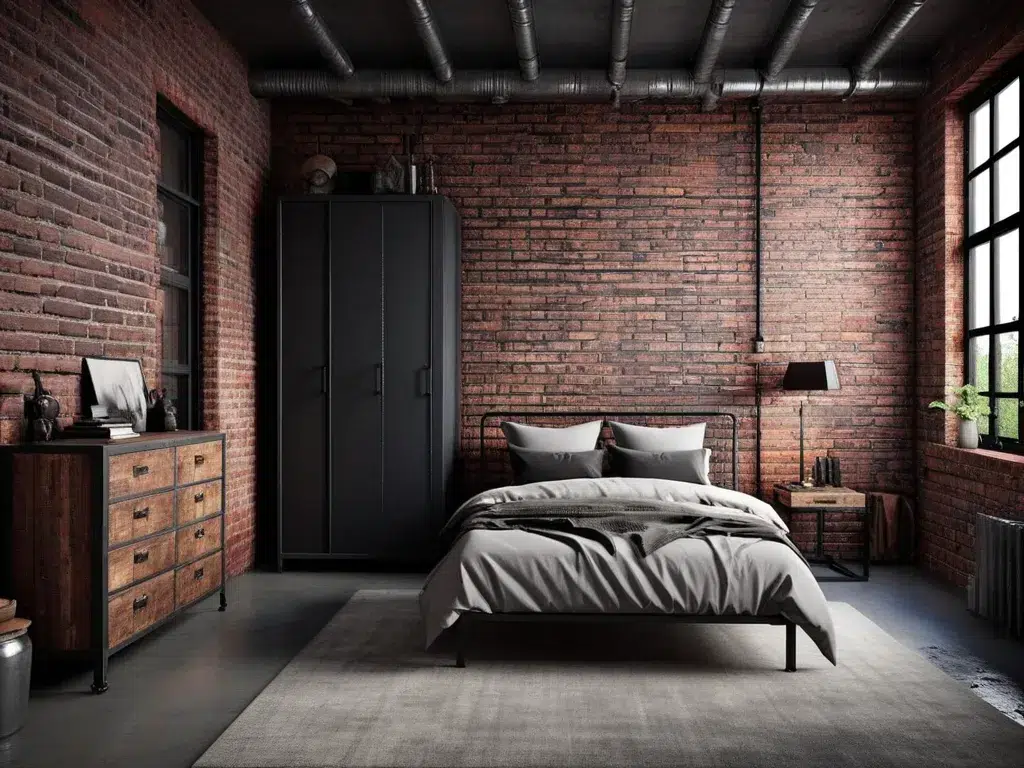 Industrial modern bedroom exposed brick walls