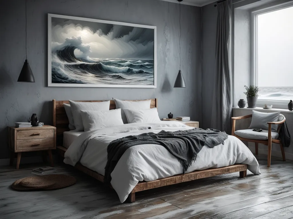light grey sheets dark themed modern bedroom
