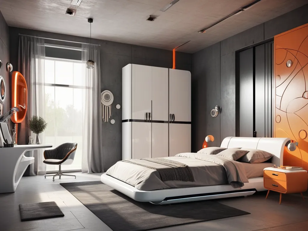 Futuristic modern bedroom with low-profile bed