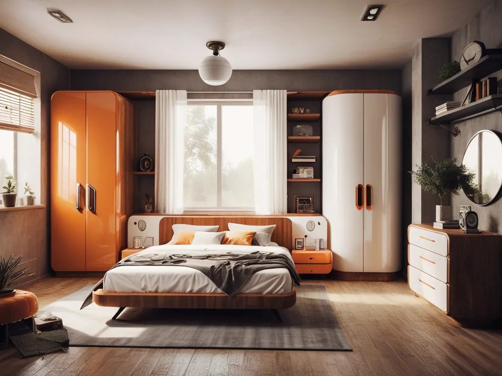 Retro futuristic bedroom. Modern bed, farmhouse decor.