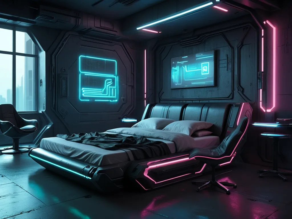 Futuristic sci-fi bedroom, neon lighting