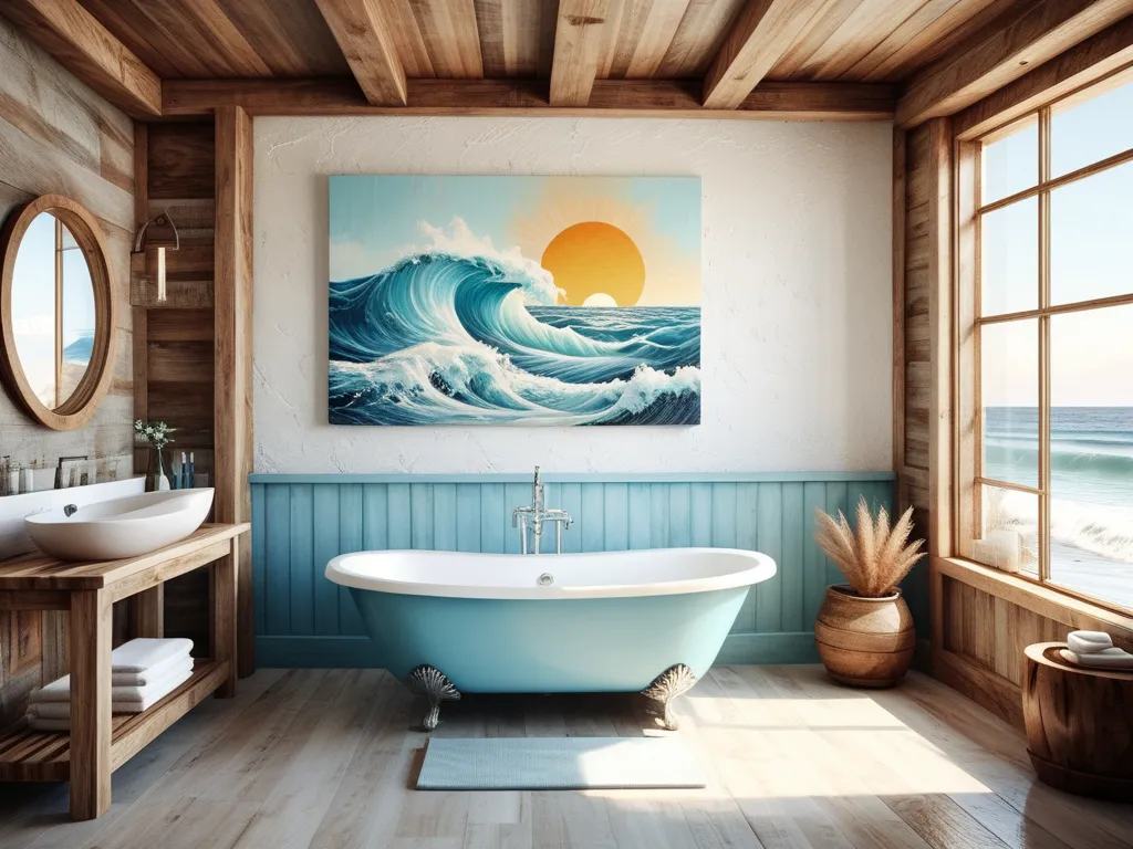 ocean based bathroom, rustic design.
