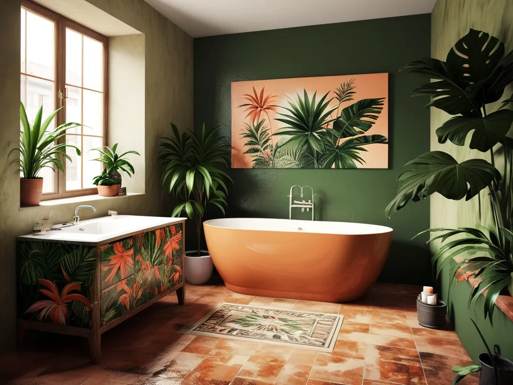 rustic urban jungle bathroom with warm palette walls