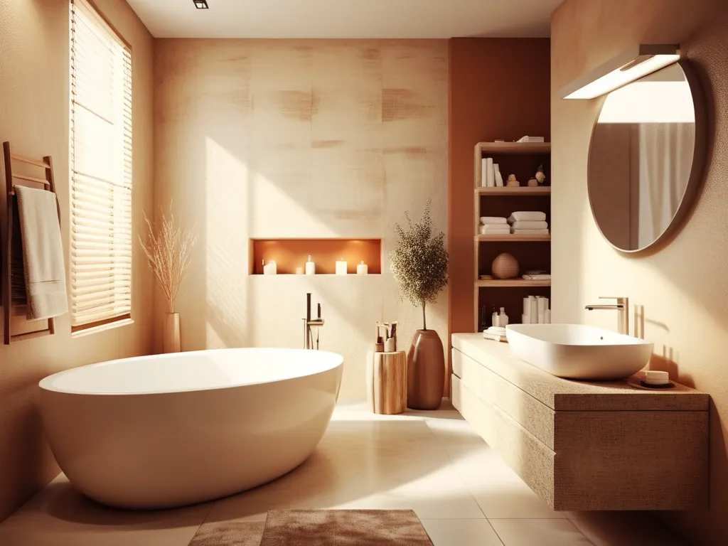 modern contemporary warm colored bathroom, cozy cream textured bathtub