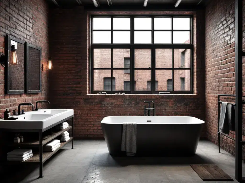Rustic Industrial style bathroom, Brick wall. Rustic, dark. Bathtub, steel. Washbasin, dark windows.