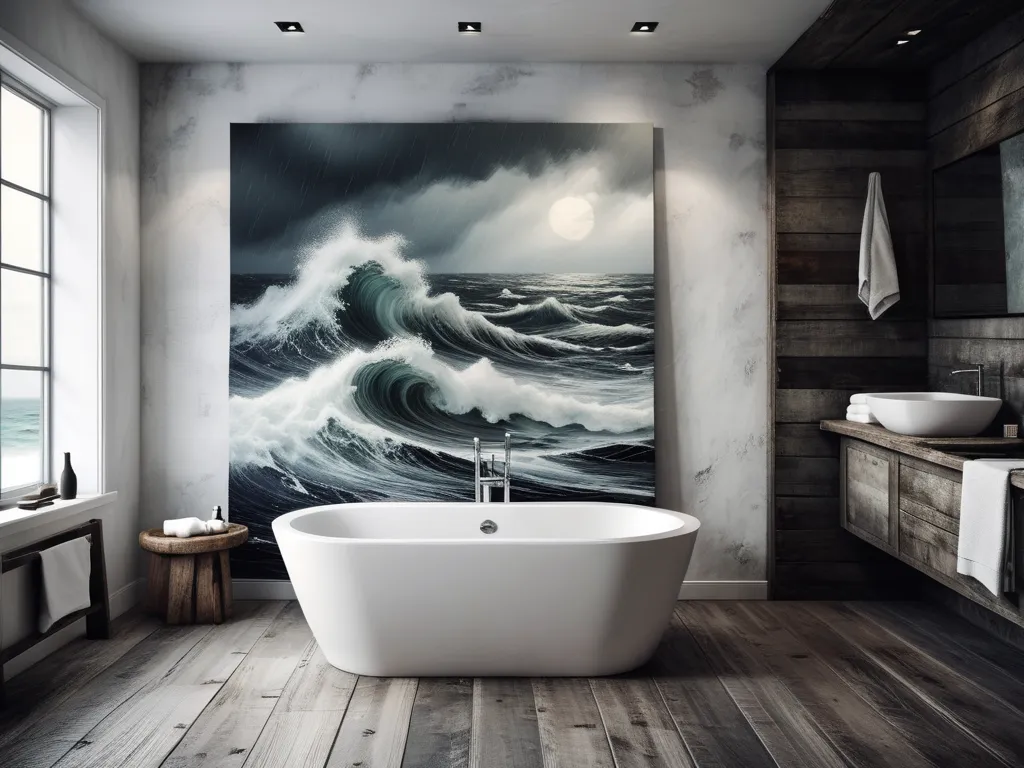 dark themed modern bathroom, rustic design. light grey bathtub. textured,
