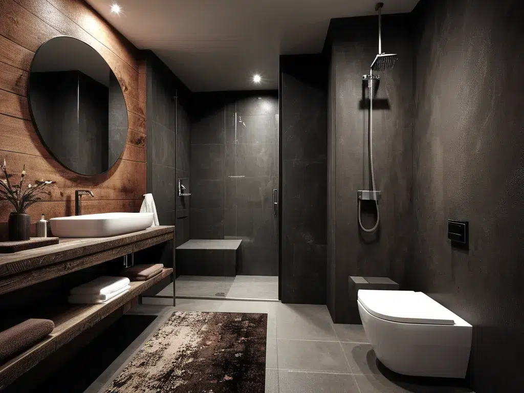 Modern minimalist bathroom, dark tones. Walk-in shower, glass enclosure