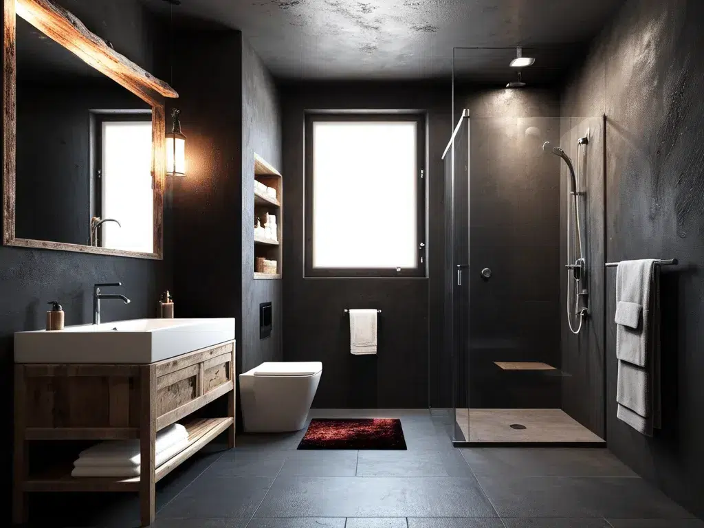 Modern bathroom, comfortable. Dark luxury one shower, washbasin, carpet. rustic