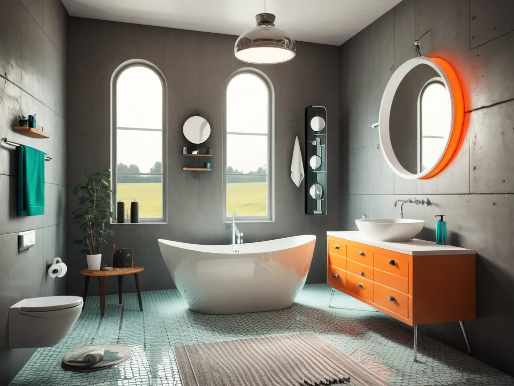 Retro futuristic bathroom. Modern bath, farmhouse decor. Washbasin