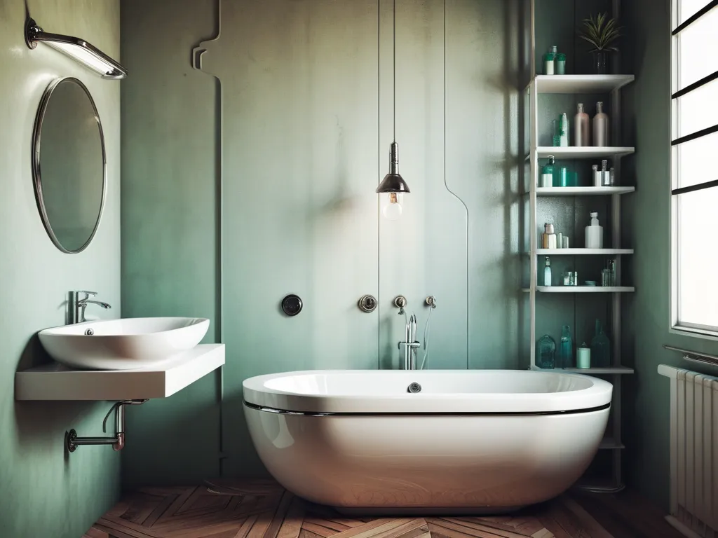 Modern minimalist bathroom, freestanding tub.