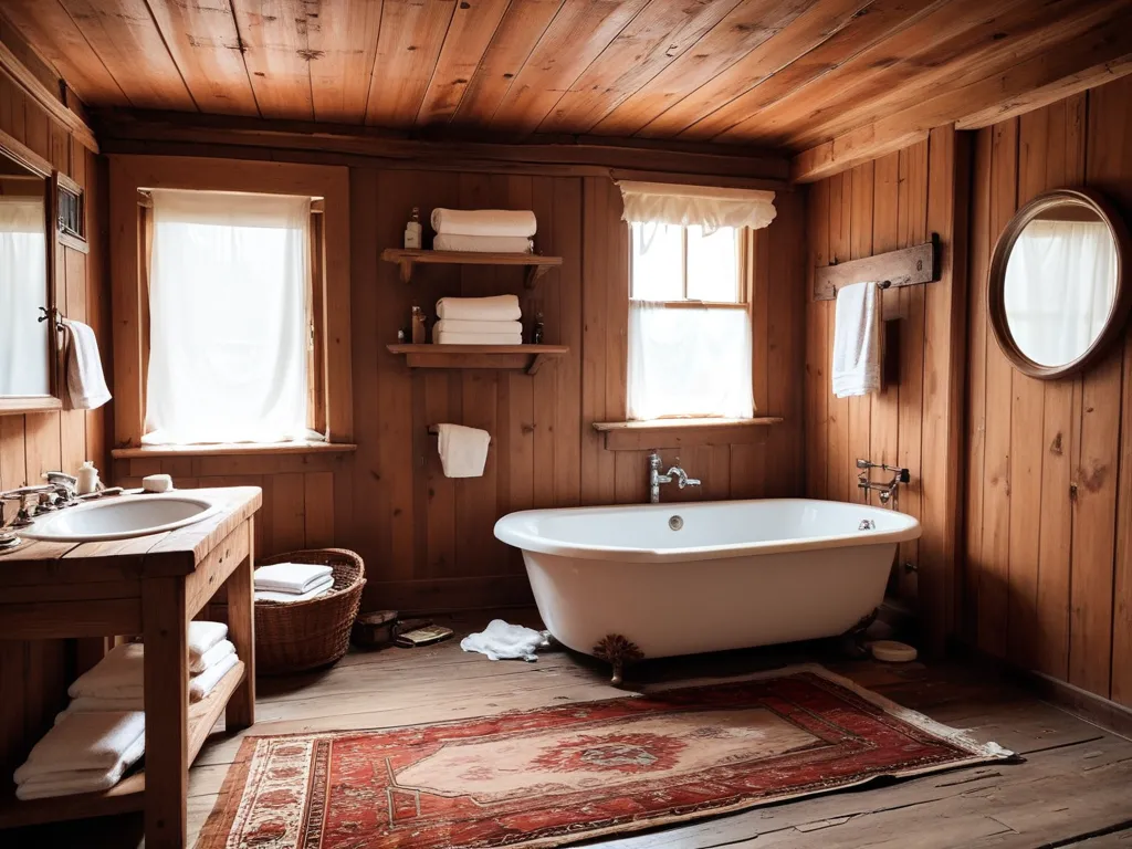Traditional wooden bathroom, cozy. Messy sheets, rug, comfortable. Washbasin, vacation home. Cold