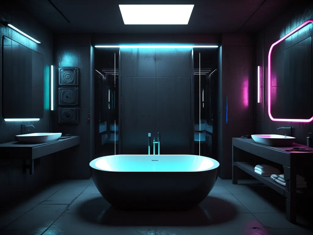 Cyberpunk style Bathroom. Washbasin, futuristic, light. Dark, bathtub