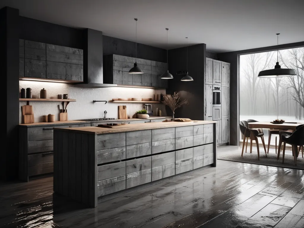 Rustic modern kitchen, dark wood cabinets. Large island, wooden countertop.