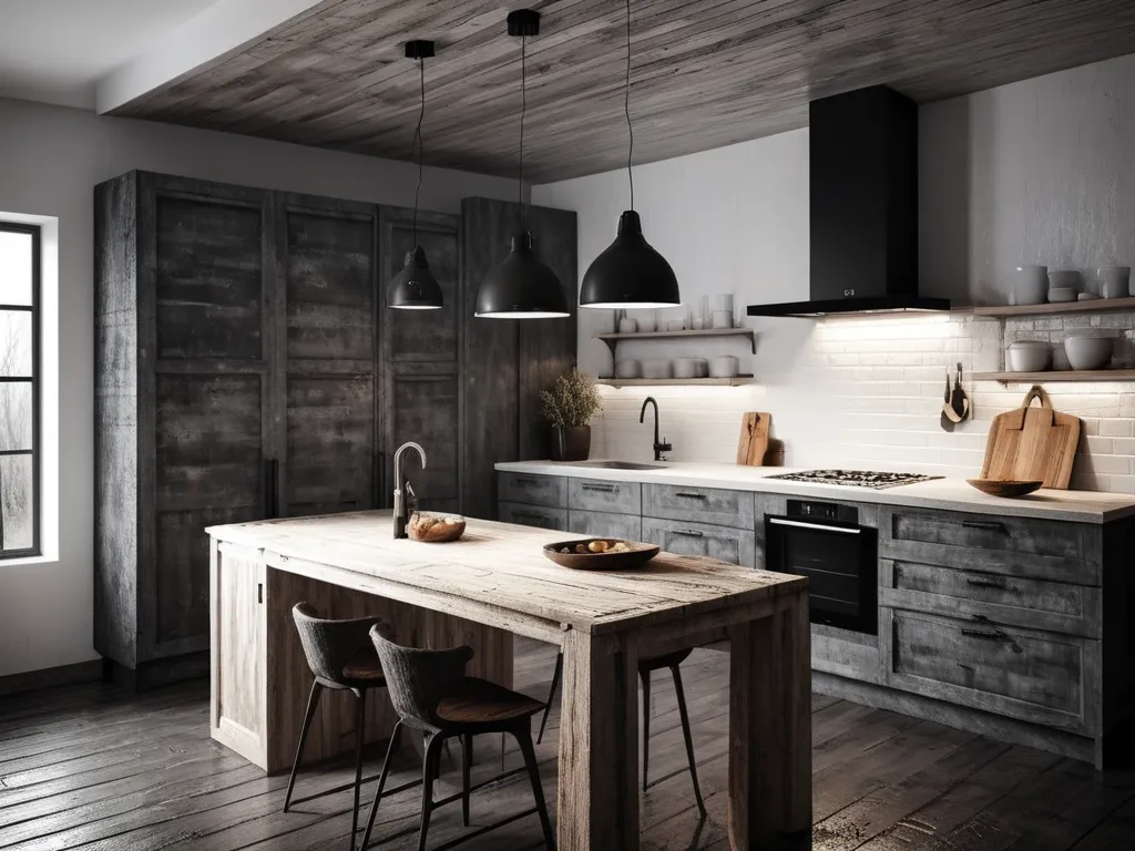 dark themed modern kitchen, rustic design. light grey panels. textured, white wooden.