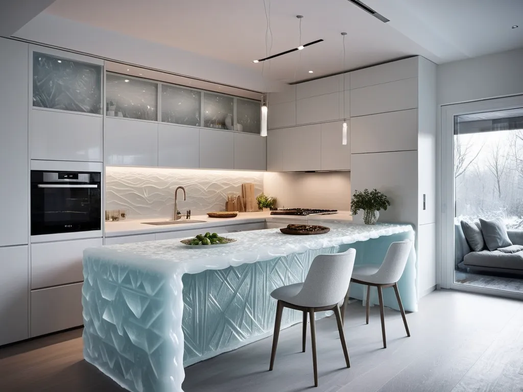 Futuristic modern kitchen, white cabinetry. Sculpted island, translucent blue.