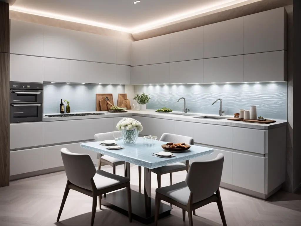 modern contemporary icy kitchen, cozy textured with panel layer