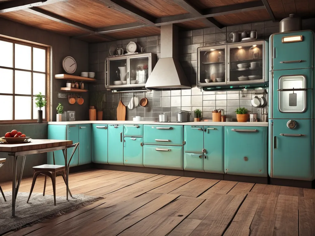 Retro futuristic Kitchen. Modern panel, farmhouse decor. Rustic