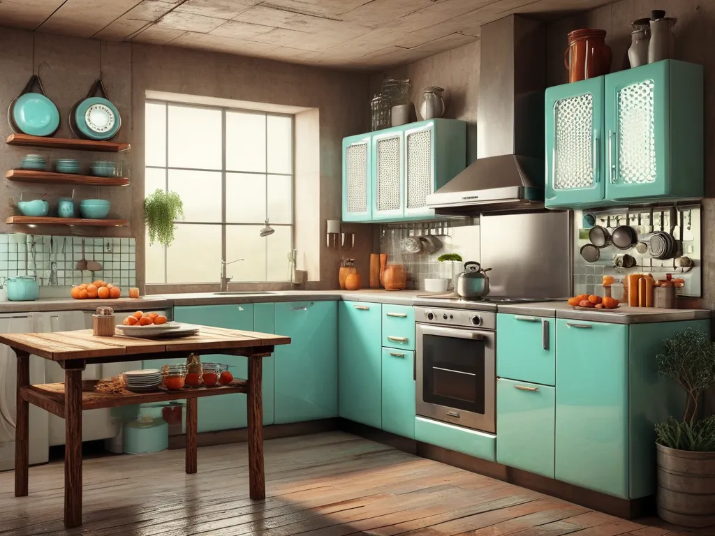 Retro futuristic Kitchen. Modern panel, farmhouse decor. Rustic