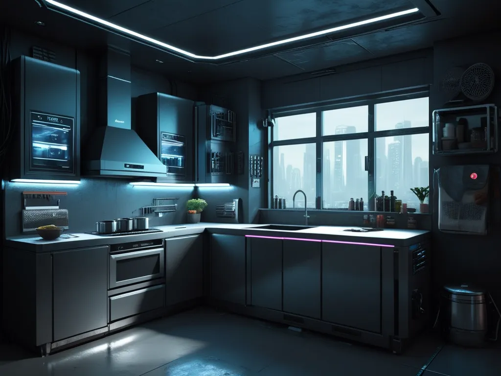 Cyberpunk style kitchen. futuristic, light. Dark