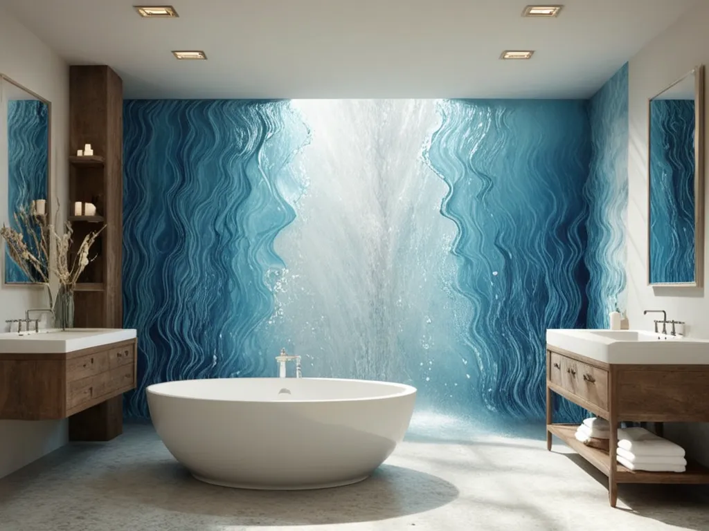 Modern spa bathroom, freestanding tub. Ocean-themed feature wall, blue waves.